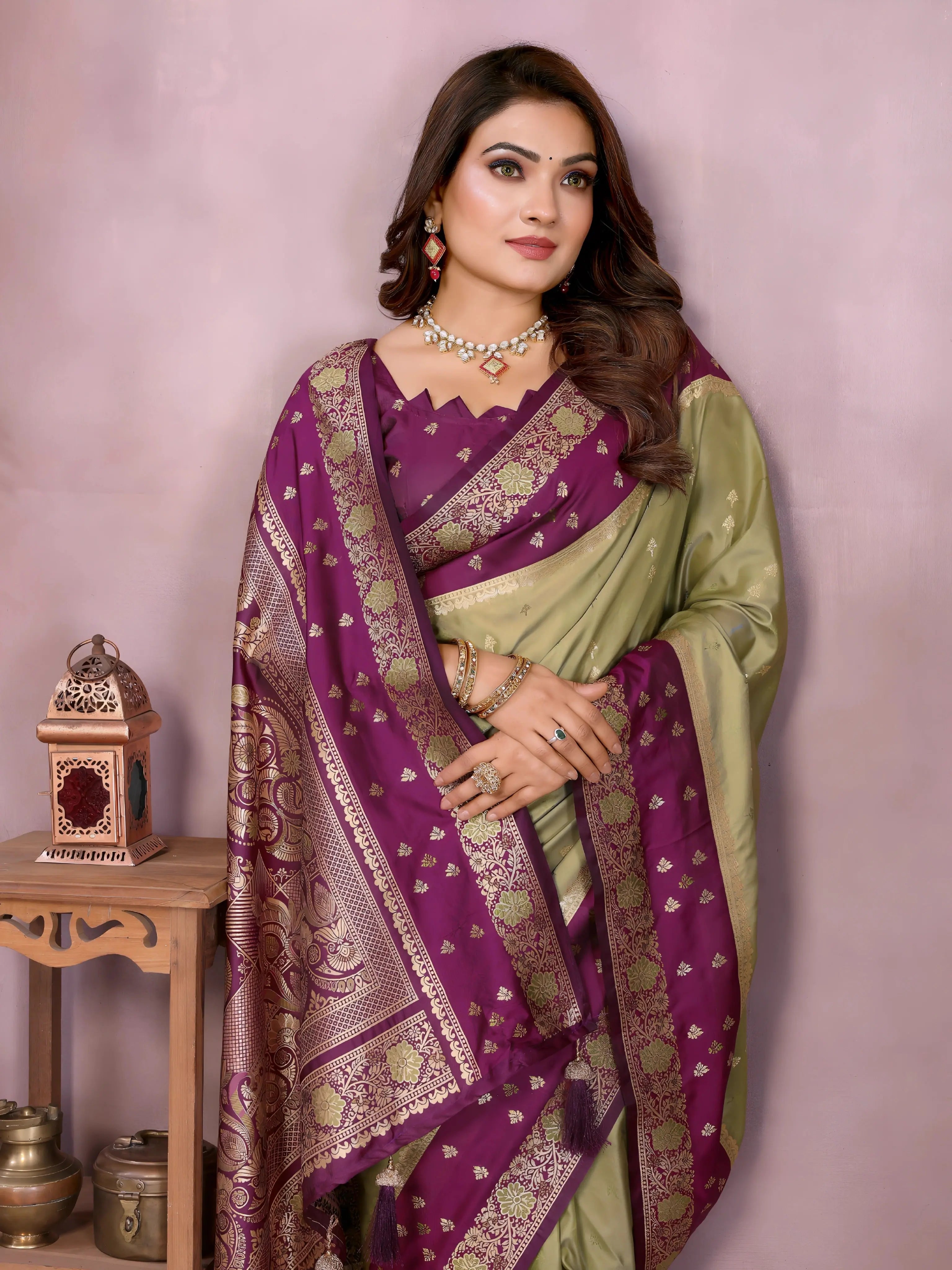 Light Pista Zari Woven Kalamkari Silk Saree